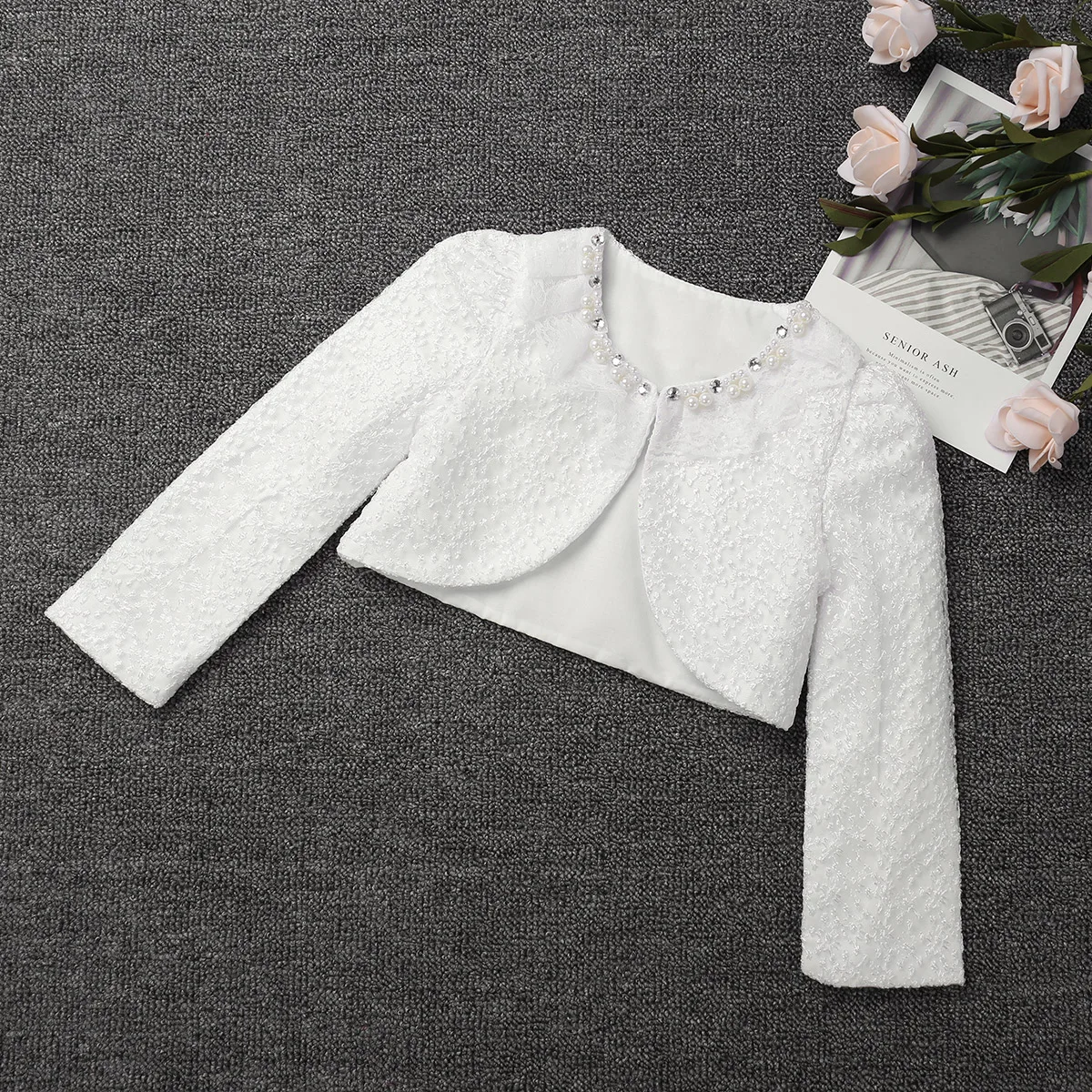 Kids Girls Outwear Infant Babies Lace Bolero Cardigan Flower Girls Long Sleeve Lace Beaded Jacket For Wedding Birthday Party