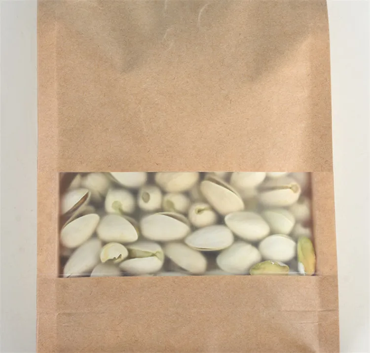 50pcs 3D Resealable Kraft Paper Window Ziplock Bag Heat Sealing Biscuit Nuts Spice Coffee Storage Printing Packaging Pouches