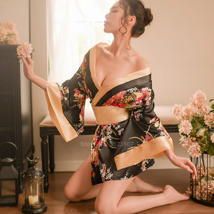 Women Sexy Nightgown Lingerie Satin Kimono Nightdress Sleepwear Bath Robe Yukata Nightwear Chemises Japanese Style pijamas