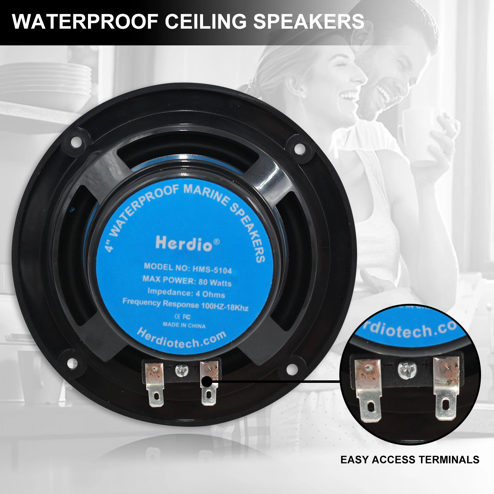 Herdio 4\'\' Waterproof Marine Bluetooth Ceiling Speakers For Bathroom Kitchen Home Outdoor Camper Golf Cart Boat With Flush Mount