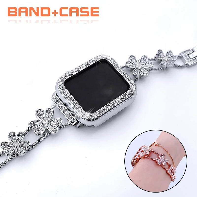 Diamond Stainless Steel Strap +Case for Apple Watch Band 42mm 38mm Women Wristband Bracelet for IWatch 40mm 44mm Series 6 SE 5 4