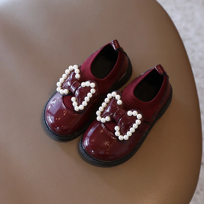 Baskets de fête princesse en cuir pour enfants, chaussettes de printemps et d'automne pour filles, chaussures Mary Janes pour enfants, avec nœud perlé 1-6