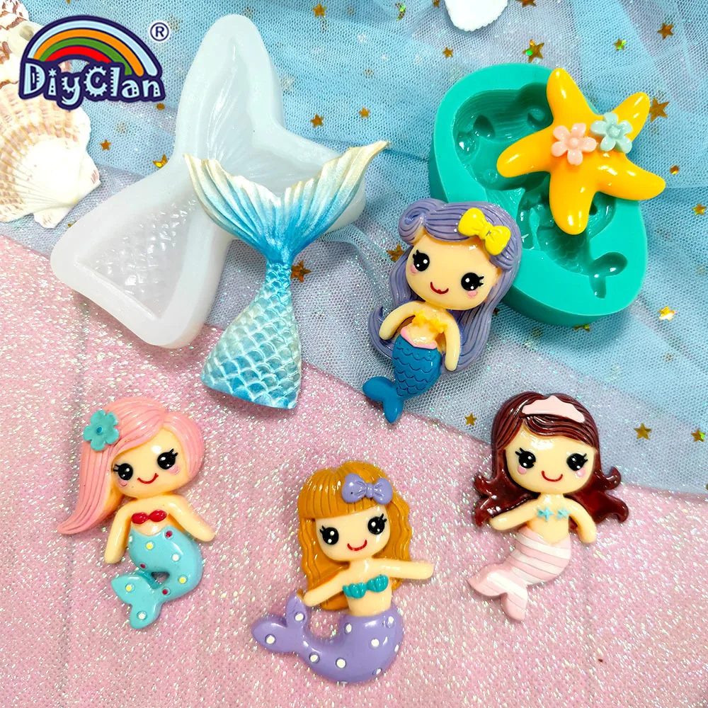 Mermaid Silicone Mold For Fondant Cake Decorating Cartoon Girls Chocolate Cupcake Silicone Form For Polymer Clay Tools Sea Star