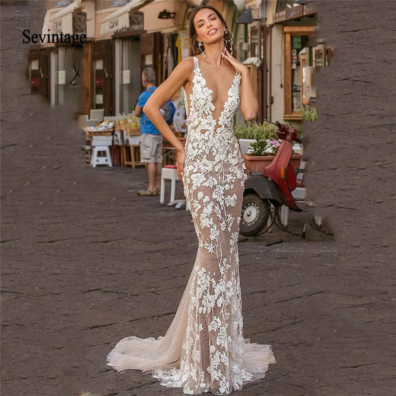 Sevintage Meerjungfrau Brautkleider Sheer Tiefem V-ausschnitt Spitze Appliques Brautkleider Robe De Mariee Backless Perlen Braut Kleid