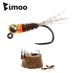Bimoo 6pcs Tungsten Bead Jig Head Perdigon Nymphs Orange Collar Pheasant Tail Fly Euro Nymph Trout Fishing Lure Flies