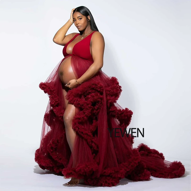 Burgundy White Strech Fabric V Neck Tulle Cloud Dress Maternity Gown For Photoshoot Yewen