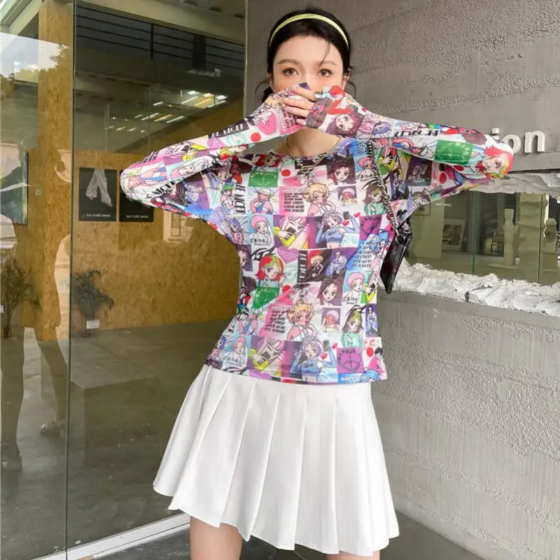 Karrram Sweet Cartoon Print Mesh Top Y2k Aesthetic Long Sleeve T Shirts Women Anime E Girl Kawaii Clothes 90s Sexy Streetwear