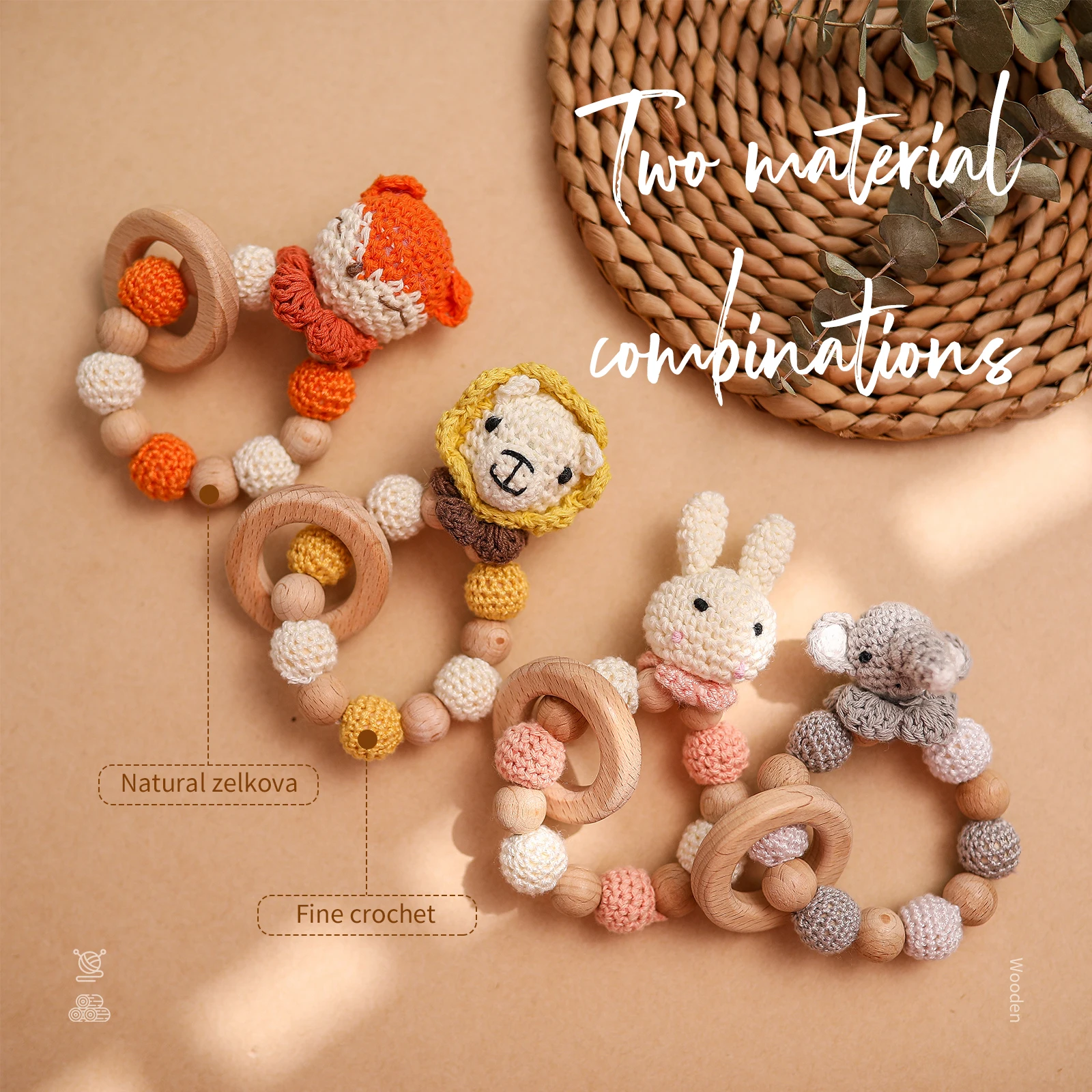 1 Pc Wooden Natural Crochet Baby Infant Teether Teething Ring Bracelet Toys Animal Shaped Nursing Bracelet Rattle Gift for Kids