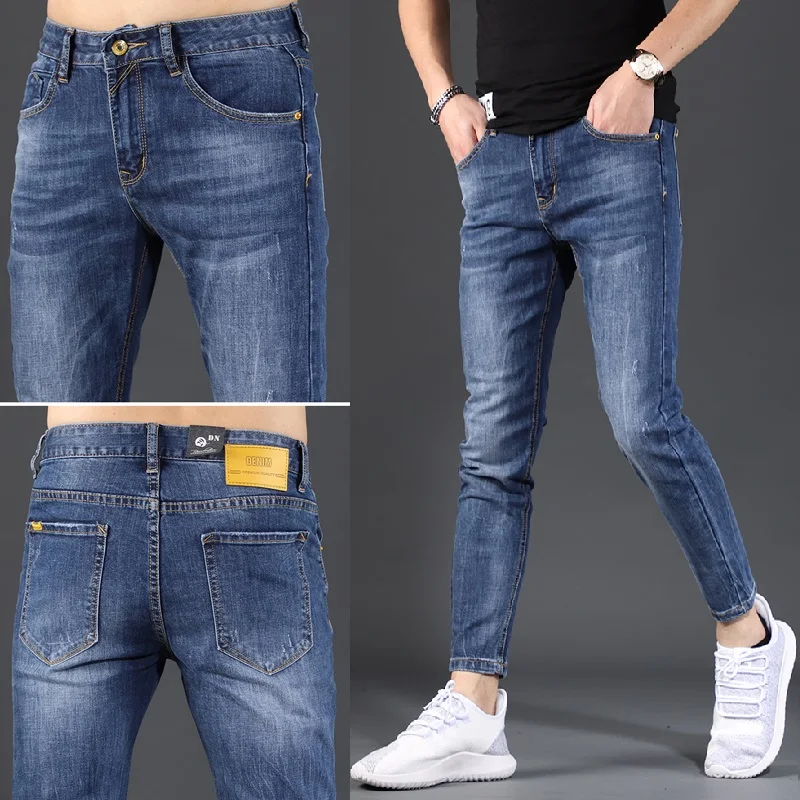 Men Stretch Blue Jeans Summer Thin Slim Fit Ankle-Length Pencil Pants Fashion Korean Style Pure Color Denim Trousers