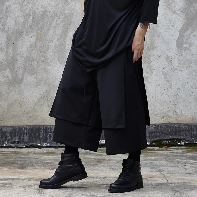 

Men's eight trousers Spring/summer Yamamoto style Dark black trend men's skirt pants false 2 loose bell-bottom wide leg pants