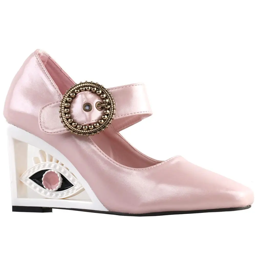 

LF10801 SHOW STORY Glittery Pink Buckle Mary-Jane Square-Toe Wedge Eye Shape Heels Pumps