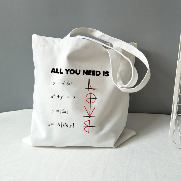 Fashion Shopping Bag Mathematics Tote Bag Canvas All You Need Is Love Math Graphic Travel Storage Shoulder Bag Student Book Bag