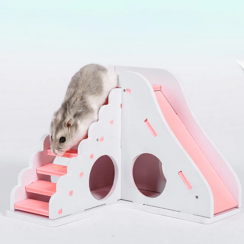 Hamster Play House and Hideout, Small Animal Wooden Assembled House with Funny Climbing Ladder & Slide for Hamster Mouse