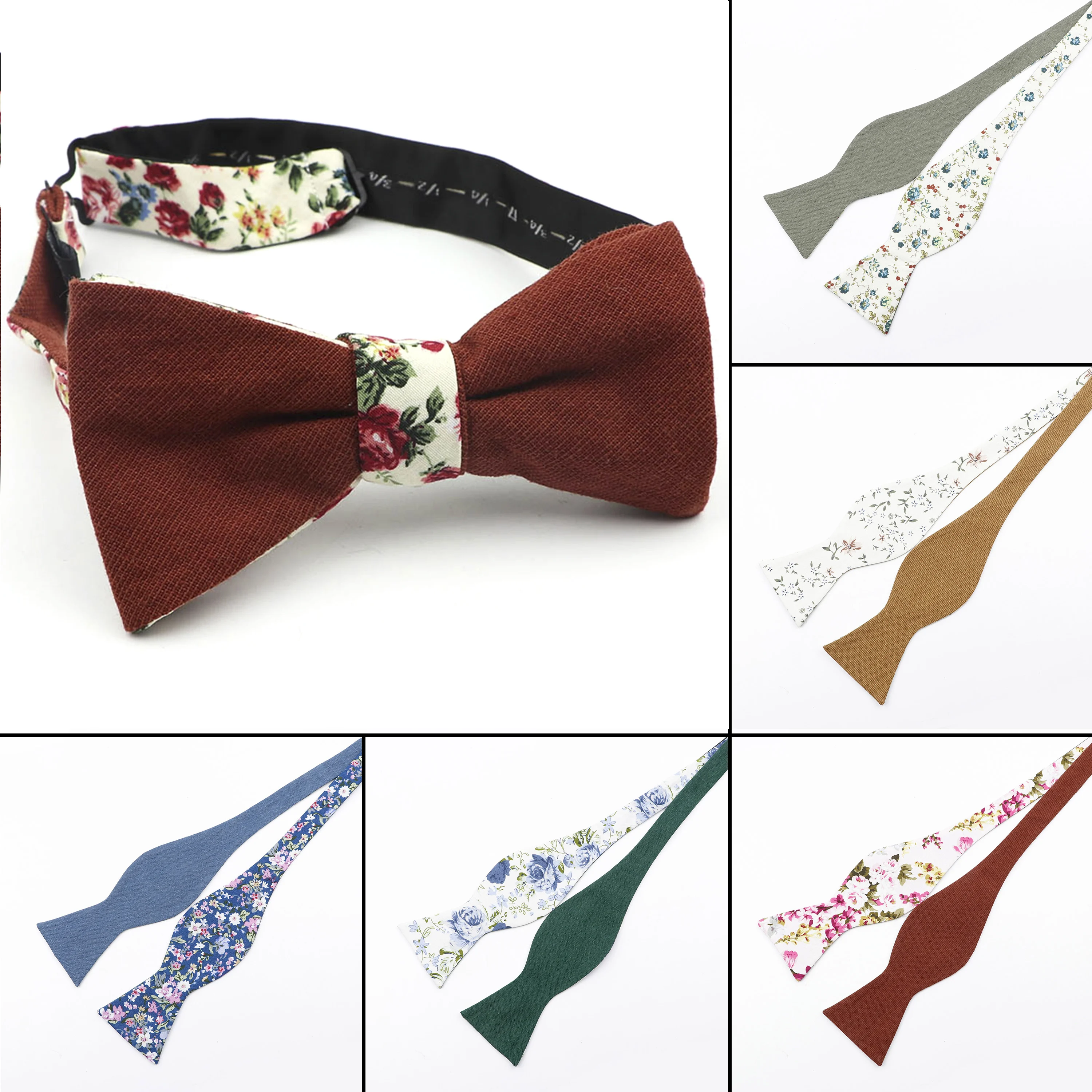 

New Fashion Two-Color Adjustable Self Bow Tie Men's 100% Cotton Dot Floral Solid Butterfly Wedding Party Double Sides Available