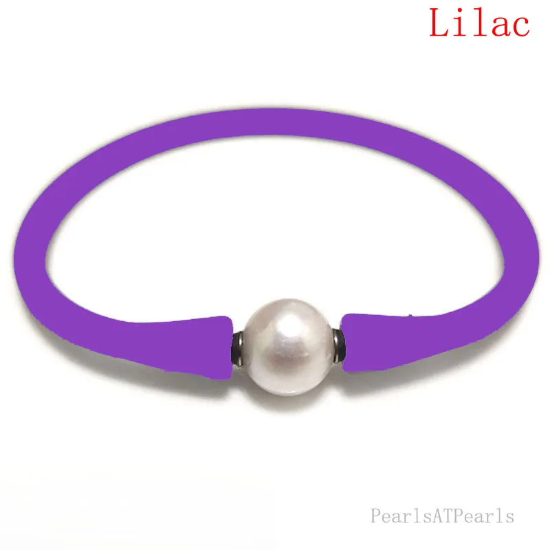 6.5 inches 10-11mm One AA Natural Round Pearl Lilac Elastic Rubber Silicone Bracelet For Men