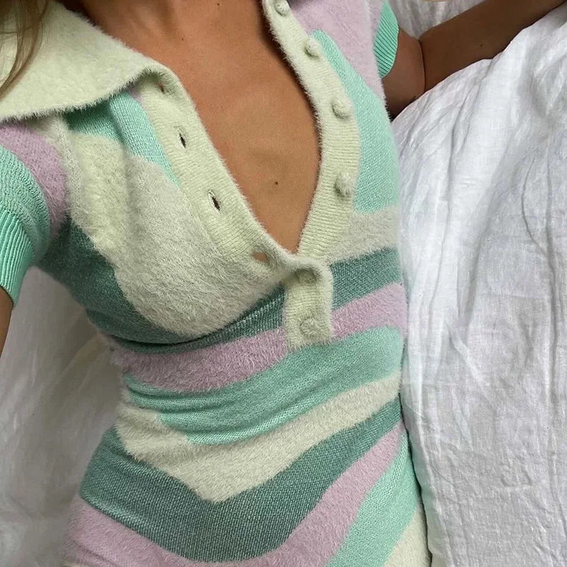 بدلة رياضية مثيرة للنساء ، رومبير محبوك غير رسمي ، رقبة على شكل حرف V ، كم قصير ، مرقع ، مشمس ، ملابس صيفية ، من HGTE