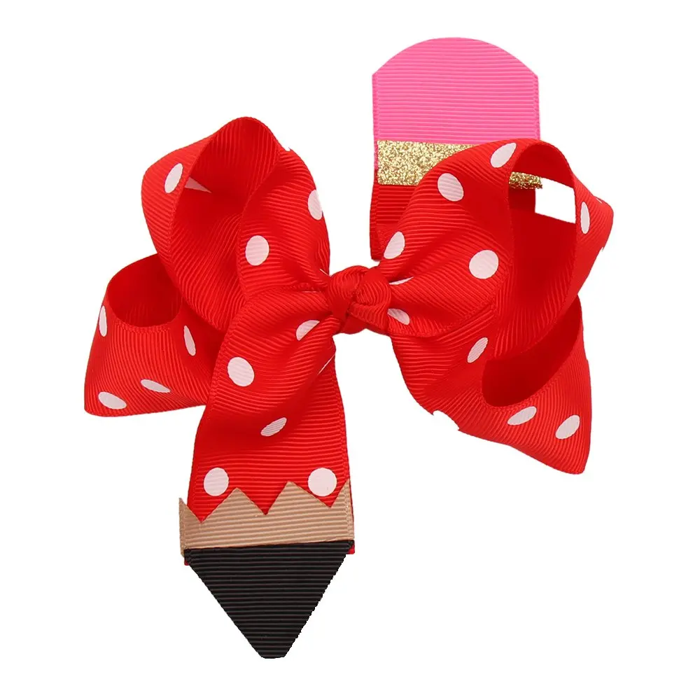 CN Fashion Back To School Pencil Print Hair Bows for Girls Hair Clips Cute Dot Bowknot Hairgrips Kids Hair Accessories