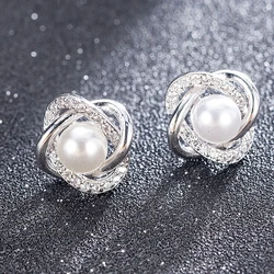 Huitan White Imitation Pearl Stud Earrings for Women Elegant Bridal Wedding Engagement Party Accessories Shiny CZ Luxury Jewelry
