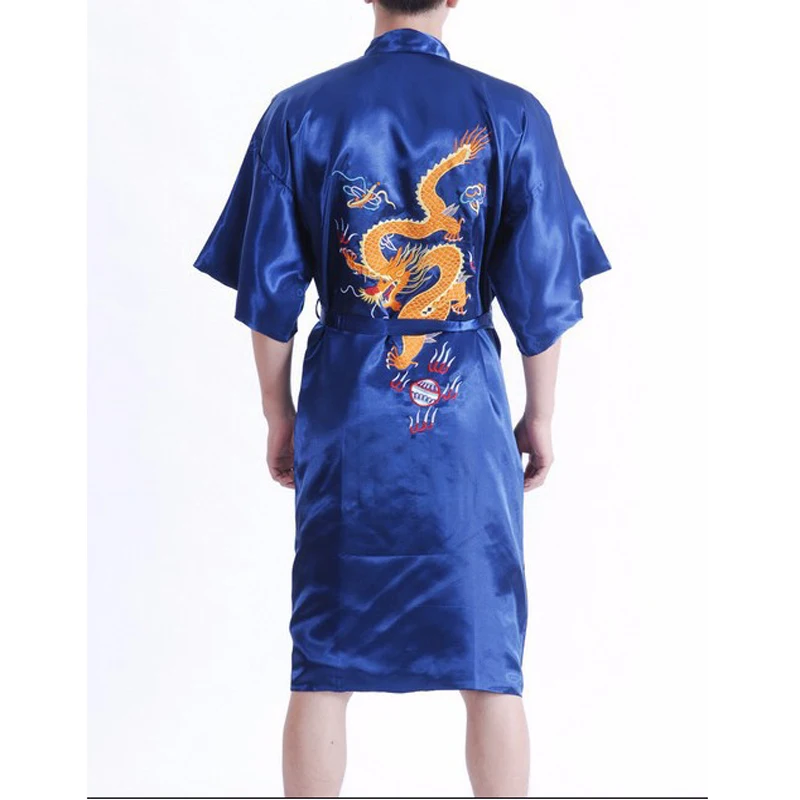 Black Robe Embroider Dragon Bathrobe Kimono Gown Ночное платье Chinese Men's Silk Satin Robe Sleepwear Novelty пижама