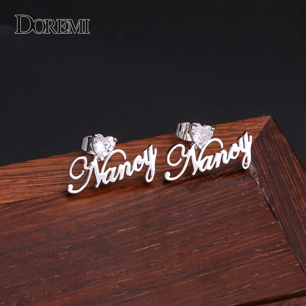 DOREMI 3A Heart Zircon Name Earring Personalized Custom Name Earrings Women Customize Initial Cursive Nameplate Stud Earring