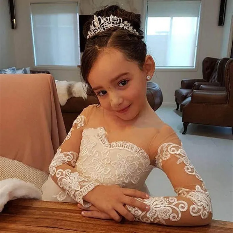 Lovely Kids Flower Girl Dresses For Wedding Long Sleeve Princess Floor Length Backless Ball Gown Junior Bridesmaid Girls Dress