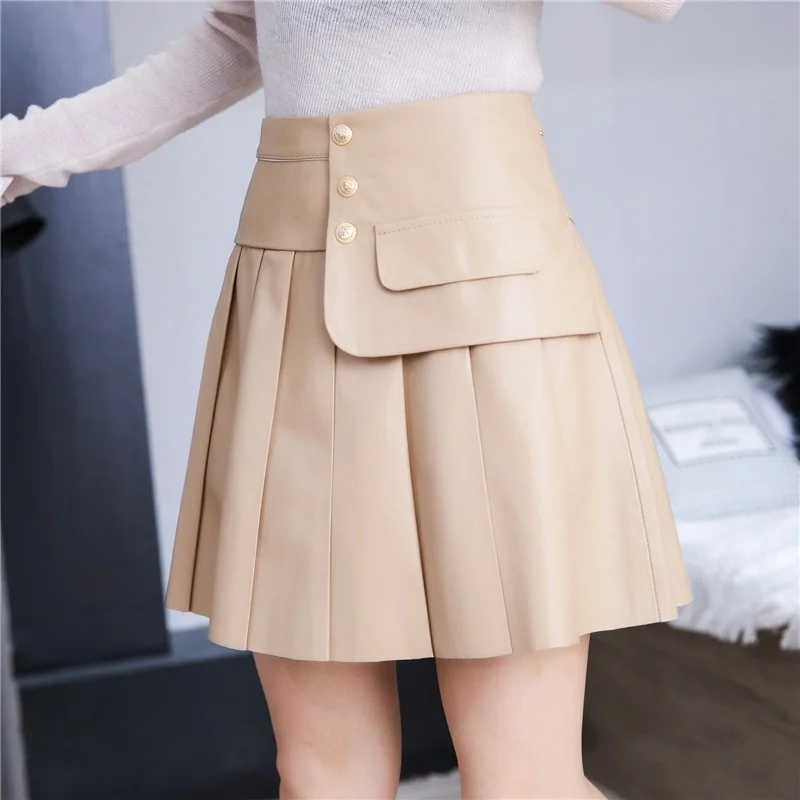 Designer New Women Sexy Mini Pleated Skirt High Waist Sheepskin Genuine Leather Short Skirts Ladies Slim Fit A Line Skirt Colors