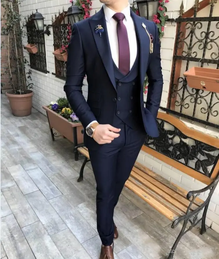 Esmoquin de boda azul real para hombre, traje de novio de moda, ajuste clásico, solapa con visera, trajes de cena para fiesta de graduación (chaqueta + chaleco + Pantalones)