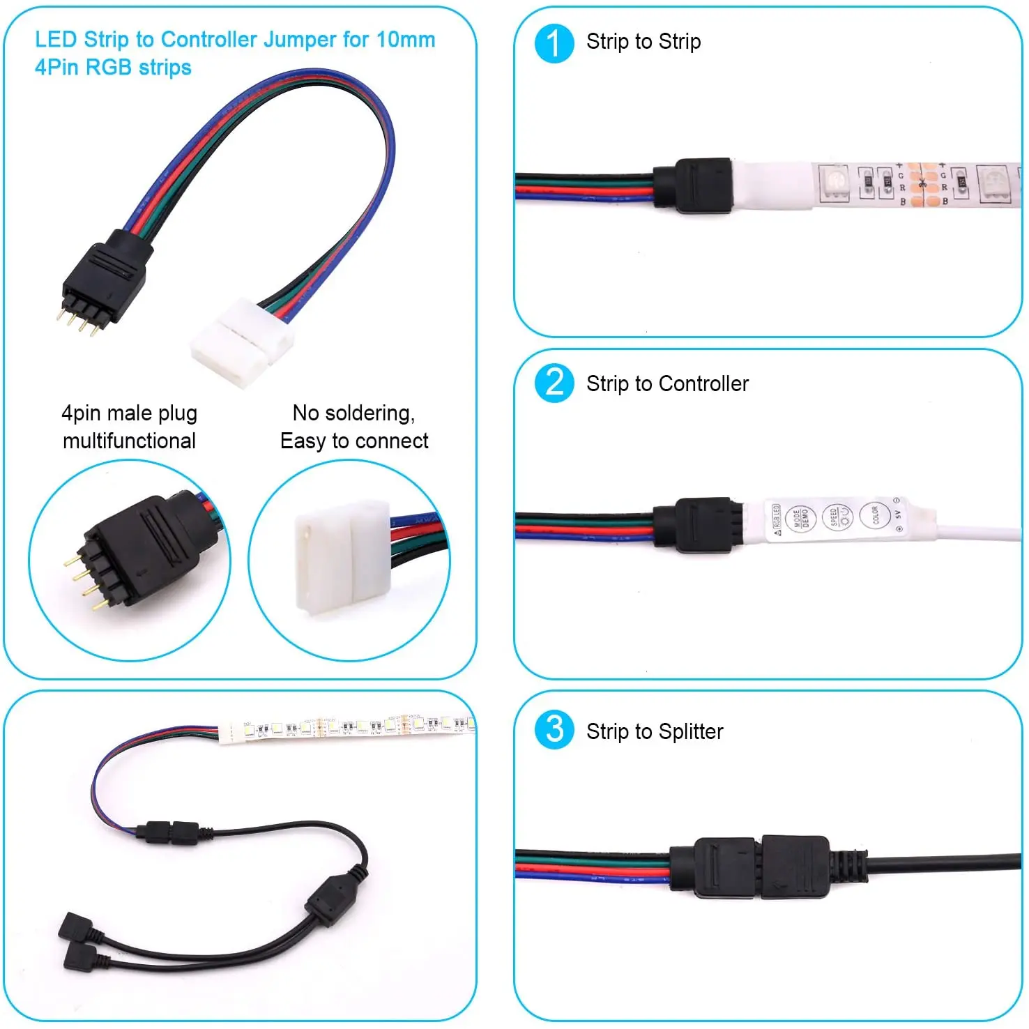 5050 4Pin LED Strip Connector Kit - 10mm RGB LED Connector Kit Includes RGB Extension Cable