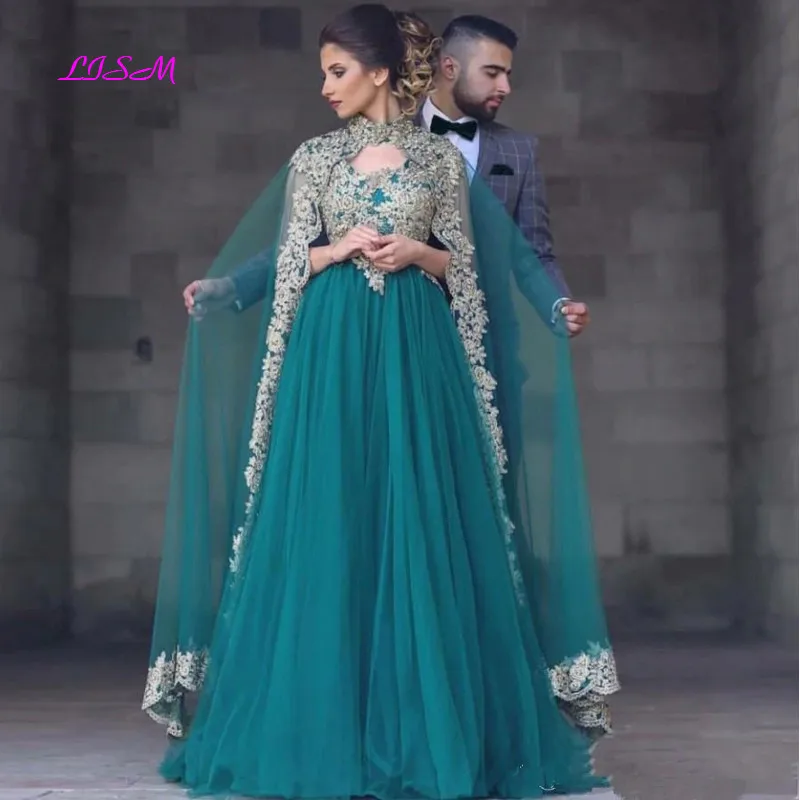 Abiti da sera musulmani taglie forti con Cape A-Line Tulle Applique Dubai abito da ballo arabo saudita eleganti abiti da sera lunghi formali