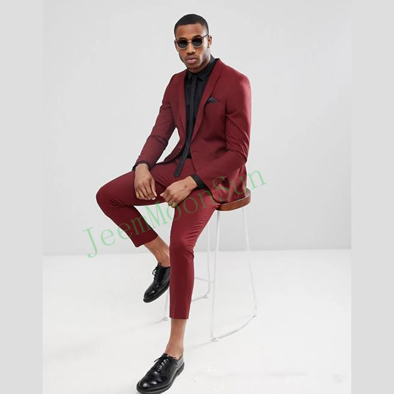 

Handsome Burgundy One Button Mens Suits Slim Fit Groomsmen Wedding Tuxedos For Men Blazers Peaked Lapel Prom Suit (Jacket Pants