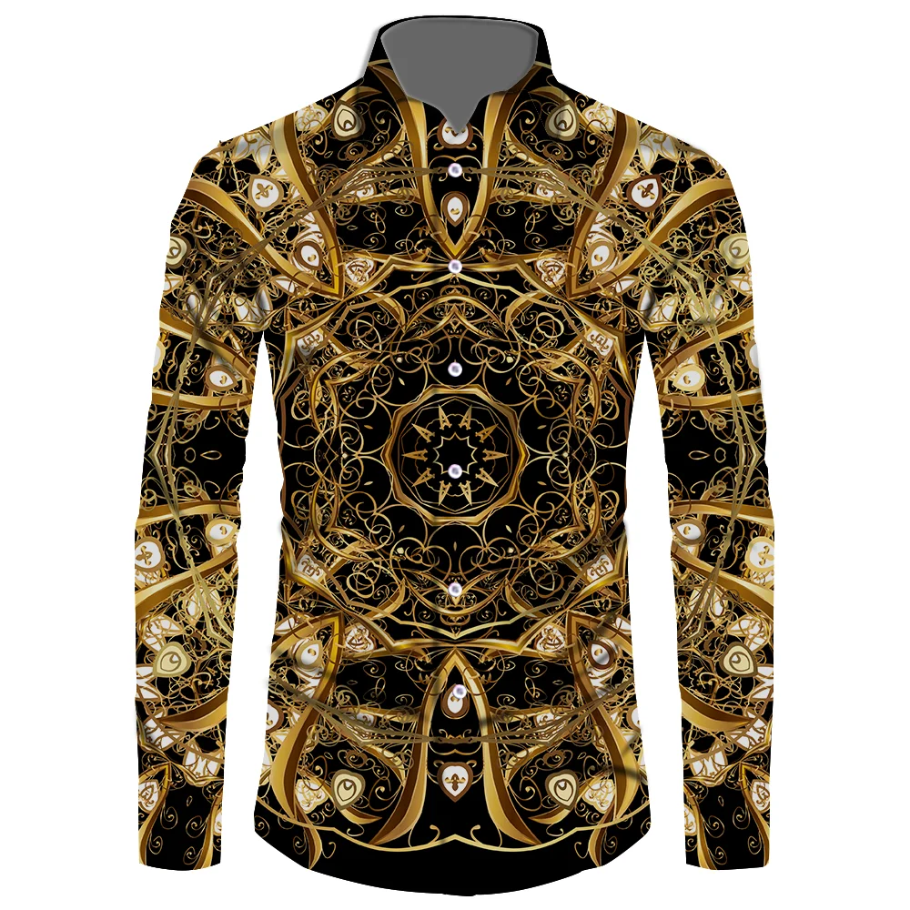 Luxury Brand Long Sleeve Shirts Men Baroque Rococo Men Dress Shirts Black Gold Casual Fashion Shirt Printed Shirts