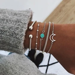 Ensemble de bracelets à breloques en pierre géométrique pour femmes, rétro couleur argent, lune, chaîne de poignet, Bracelet ouvert, dame, bijoux Boho tendance