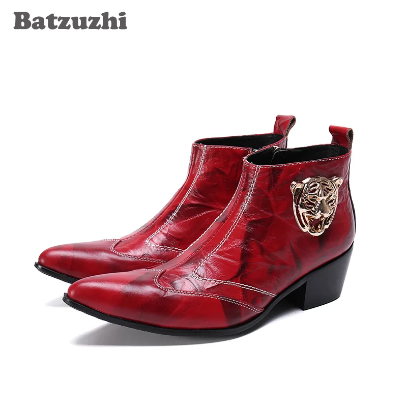 

Batzuzhi Designer's Genuine Leather Men Ankle Boots 6.5cm Heels Men Boots Pointed Toe Botas Hombre Party and Wedding Footwear!