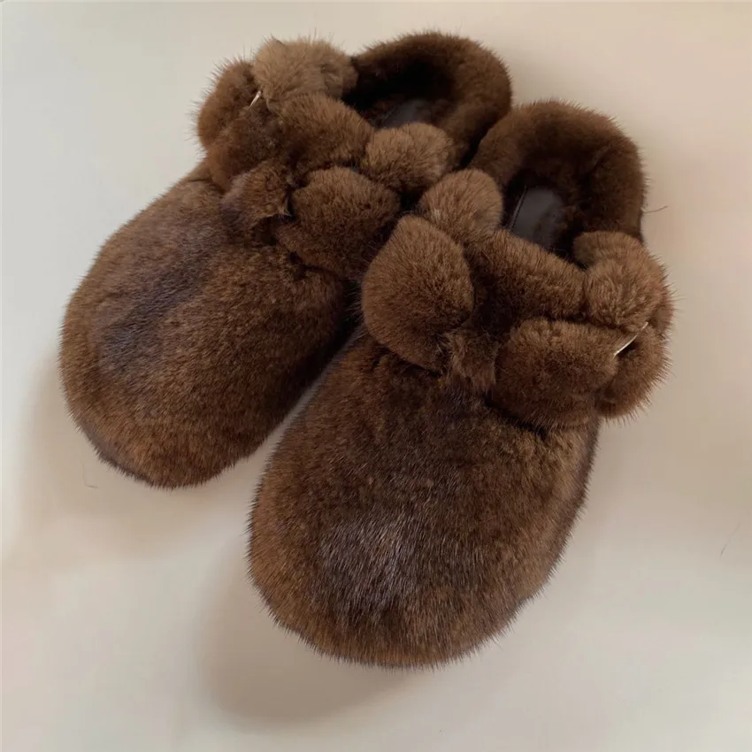 Women\'s Fur Slippers 100% Mink Fur Slippers Winter Fashion Warm Plush Flat Shoes 2023 New Indoor Slippers