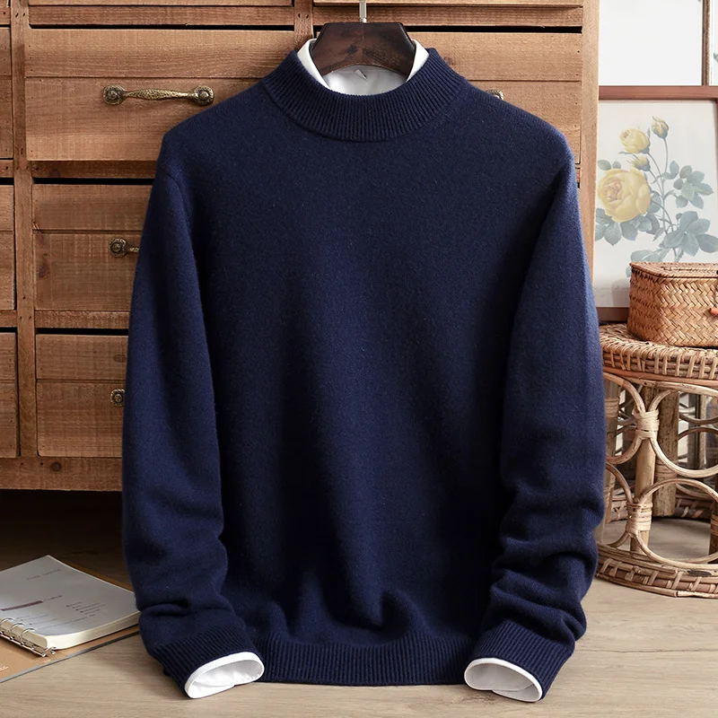 ZNTX Half high neck cashmere sweater men's 100% pure cashmere winter thick warm middle-aged high-end sweater classic casual