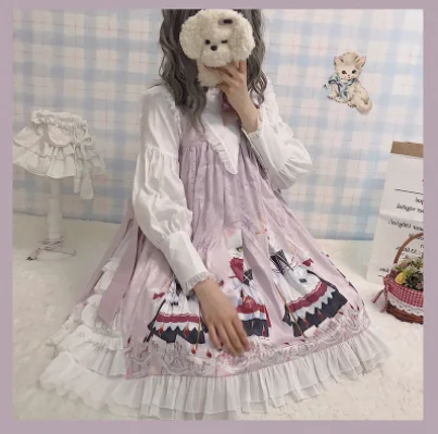 Kawaii Meisje Gothic Lolita Op Loli Zoete Prinses Lolita Jurk Vintage Kant Strik O-hals Vest Leuke Printing Victoriaanse Jurk