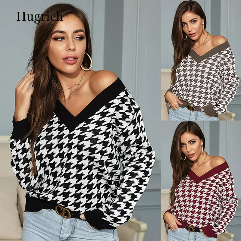 

2021 Autumn Winter Jersey Houndstooth Knitted Sweater Long Sleeve Sexy V-Neck Pullover Sweaters for Women Top Loose Jumpers