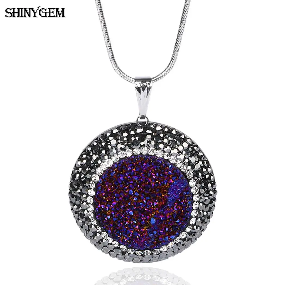 ShinyGem 2020 Fashion Round Crystal Choker Necklace For Women Micro Inlay Zircon Natural Druzy Stone Silver Color Chain Pendant