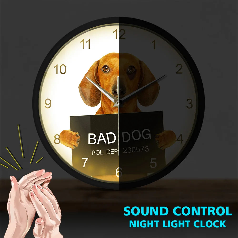 Dachshund MugShot Modern Design Time Metal Frame Watch Criminal Puppy Police Bad Dog Prison Sound Activated Wall Clock