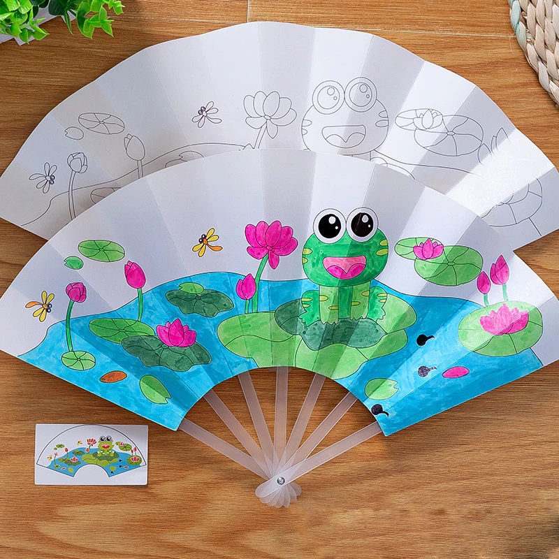 21cm Summer Blank paper fan DIY Painting Toys For Children Cartoon Animal Color Graffiti Origami Fan Art Craft Drawing Toy