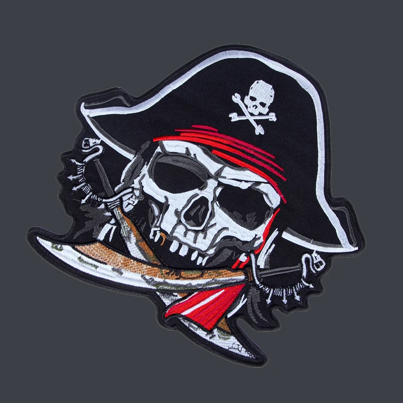 9.6 inches skull pirate duoble Broadsword large Embroidery Patches for Jacket Back Vest Motorcycle Biker 24.5*22.5cm For sewing