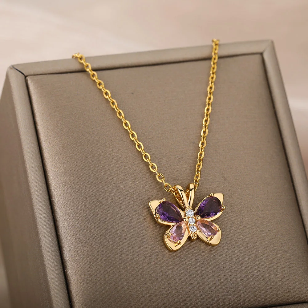 Zircon Butterfly Pendant Necklace For Women Gold Color Stainless Steel Necklaces Couple Aesthetic Jewelry Freeshipping Items BFF