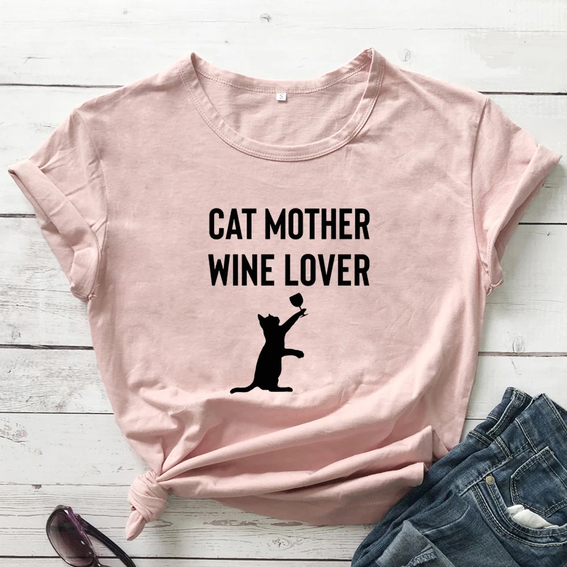 New Arrival Cat Mother Wine Lover T-shirt Summer Sarcasm Gift Tshirt For Cat Mom Cute Women Graphic Drinking Top Tee Shirt