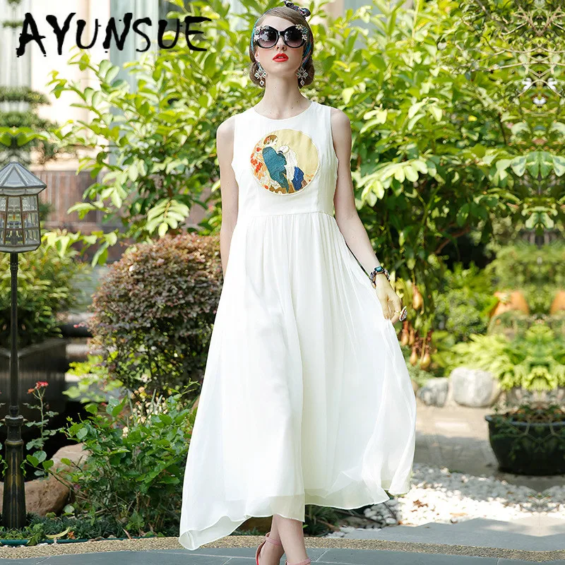 

Real Silk Dress Women Summer Dress Korean Vintage Embroidery Beach Dress Elegant Party Dresses Woman Vestidos Mujer 38880 YY2774