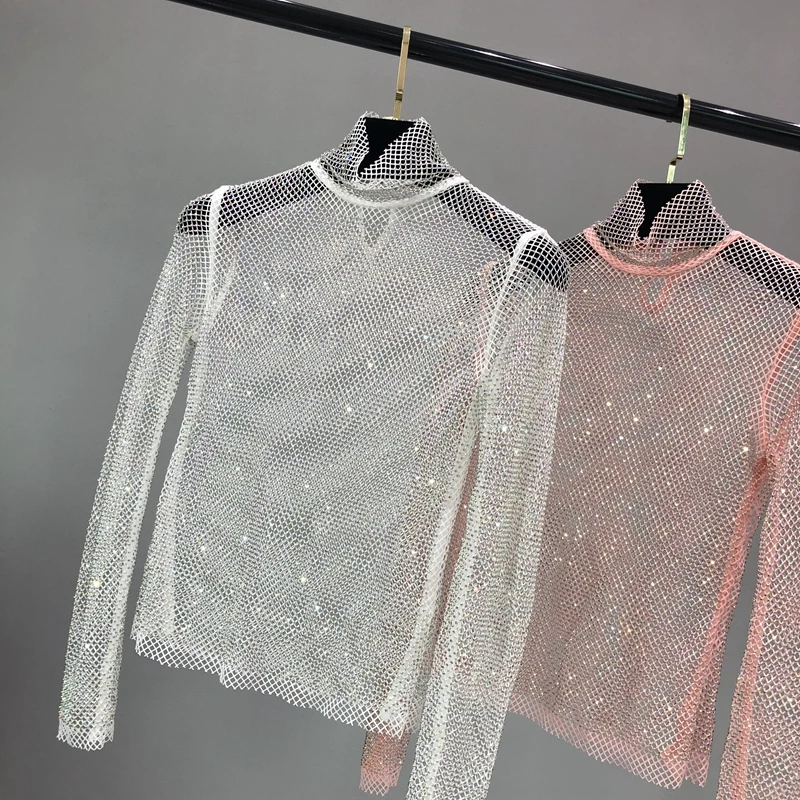 Glittering Mesh Diamond HollowOut Jacket Sexy Long-Sleeved Turtleneck Cultivate one\'s Morality Shirt  Party  Women