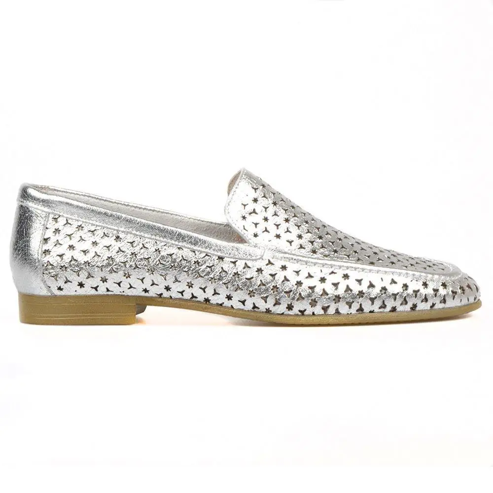 FootCourt- Soft Genuine Leather Women Loafers Silver Metallic Slip On Female Breathable Hollow Out Summer Shoes Flats New Season