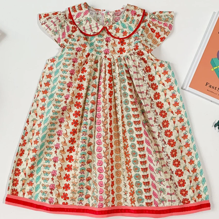 summer fashion dress baby girls vintage Sweet rural style floral fresh flower dress kids dress for girls