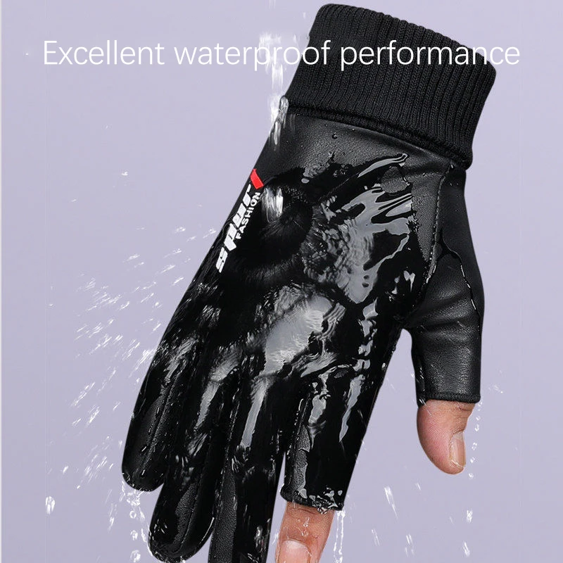 Men\'s Gloves Autumn Cycling Winter Two-Finger Velvet Warm Non-Slip Male Waterproof Sports Touchscreen Hiking Fishing Gloves