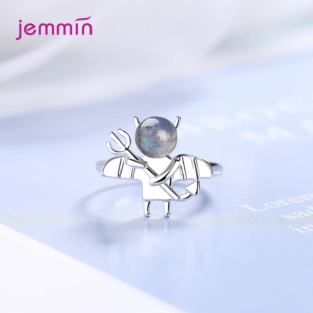 Lovely 925 Sterling Silver Opening Ring For Women Simple Adjustable Round Little Devil Small Moonstone Jewelry Gift