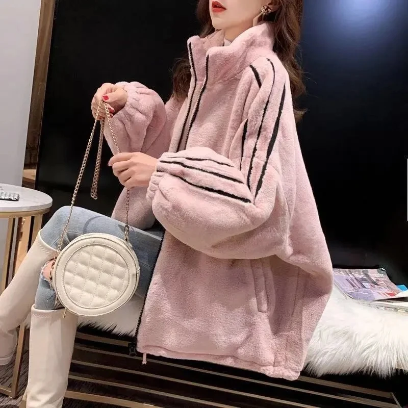 Women Plush Coat Thicken Warm Loose Winter Faux Fur Jacket Stand Collar Zipper Batwing Sleeve Imitation Mink Fleece Outerwear